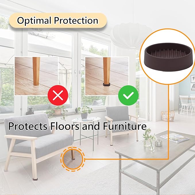 1.5x1.5 Round Rubber Furniture Caster Cups, Anti-Sliding Furniture Pads Bed Stopper Floor Protectors with Grip - Protect Any Flooring