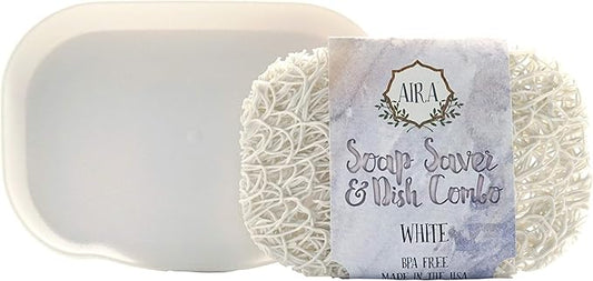 Aira Soap Saver - Dish & Holder Accessory - USA Made - BPA Free Shower & Bath Holder - Drains Water, Circulates Air, Extends Soap Life - Fits All Dish Sets - White Combo