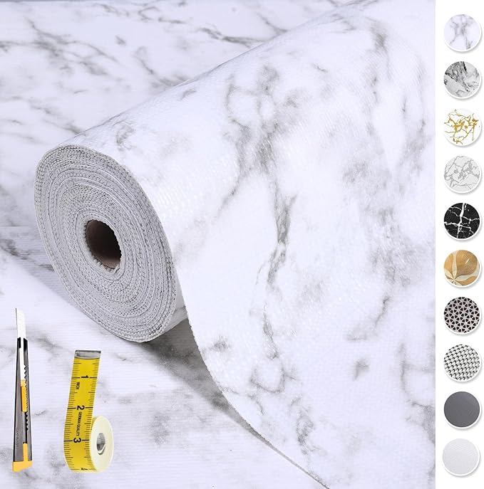 Drawer and Shelf Liner for Kitchen Cabinet: 12 in X 49.21 Ft Non-Slip Waterproof Shelf Paper, Non-Adhesive Refrigerator Liners, White Marble Easy Liners for Bathroom with Knife and Tape Measure