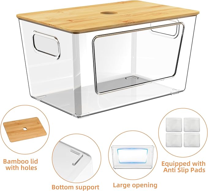 Trash Bags Holder, Stackable Trash Bag Dispenser with Bamboo Lid – Extra Large Garbage Bag Holder for Kitchen, Laundry Room, Under-Sink Storage Organization (1 pack)