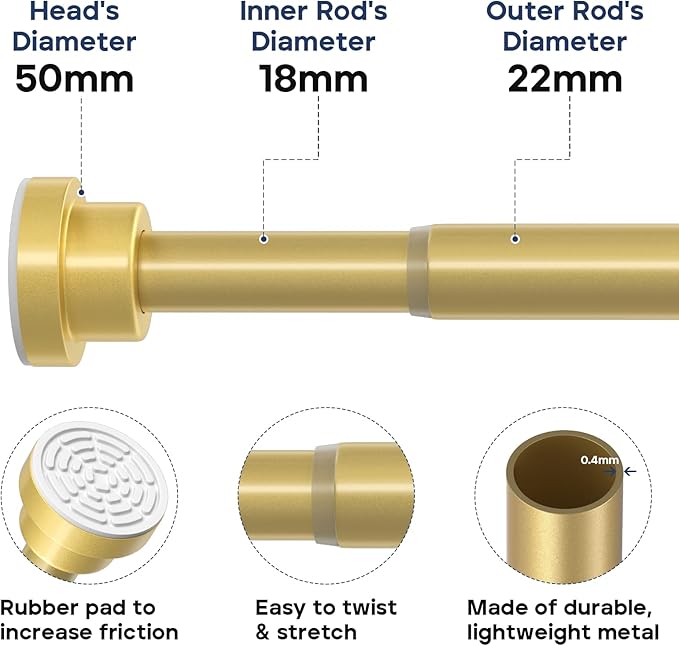 AIZESI 1Pack Tension Curtain Rod 32 to 64 Inch No Drilling Adjustable Spring Loaded Curtain Rods for Window Bedroom Doorway Closet, Gold