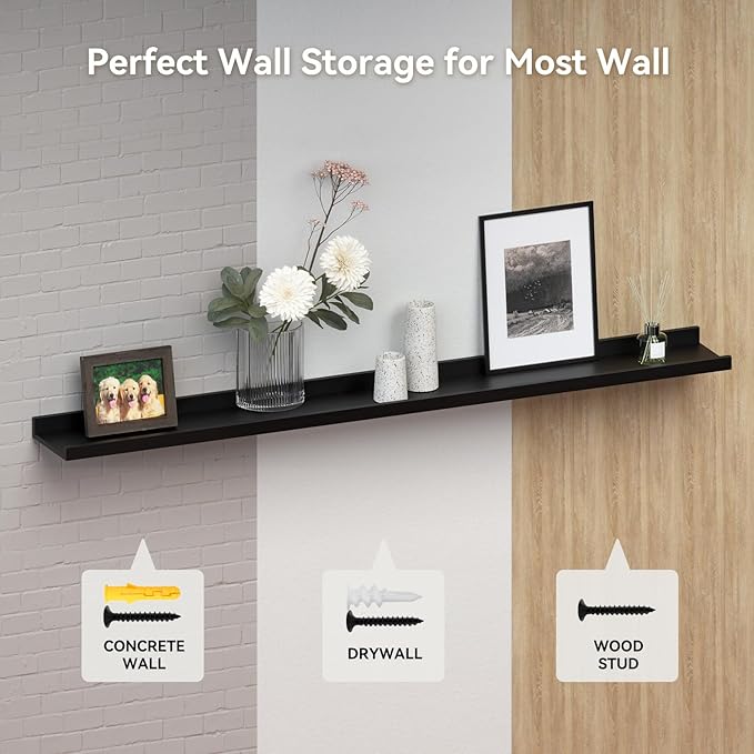 55.1 Inches Long Floating Shelves, 2 Set Modern Wall Shelf for Bedroom, Nursery Book Shelf with Lip, Picture Ledge Shelf for Wall Decor Living Room Bathroom Kitchen - Black