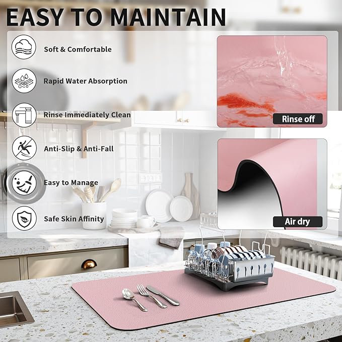 HotLive Dish Drying Mat for Kitchen Counter, Heat Resistant Drainer Mats with Non-slip Rubber Backed, Hide Stain Kitchen Super Absorbent Draining Mat, Easy to Clean Dish Rack Pad, Pink 18"x32"