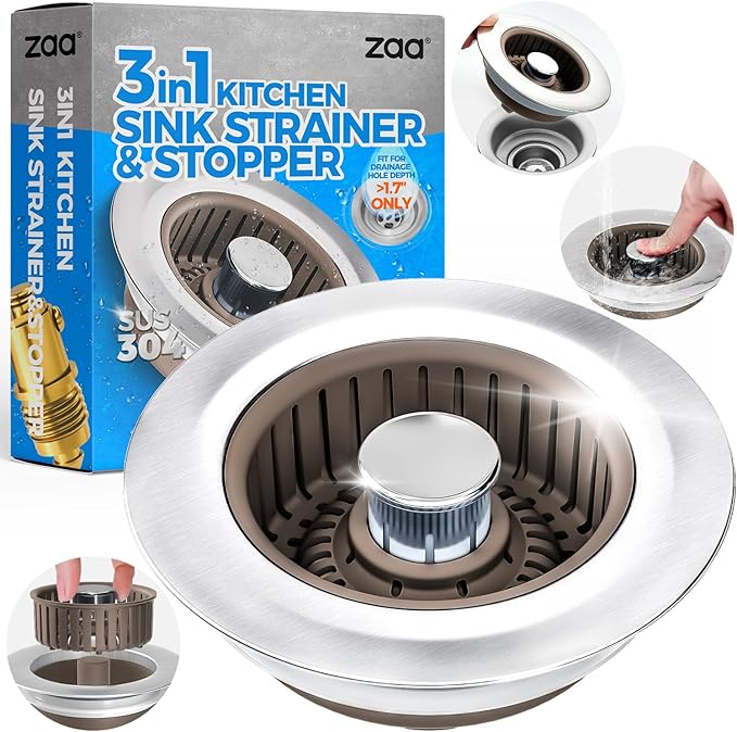 Upgraded 3-in-1 Kitchen Sink Drain Strainer & Sink Stopper, Stainless Steel Kitchen Drain Plug & Cover with Anti-Clogging Basket Strainer, Fits US Standard 3-1/2'' Sink Drain Hole, Brown