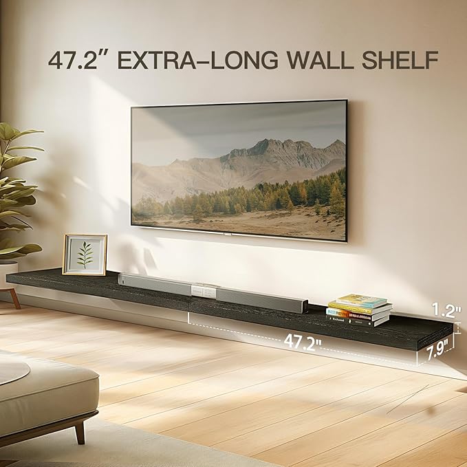 AMADA HOMEFURNISHING Floating Shelves Wall Mounted, 47 x 8 Inch Wall Shelves for Bathroom, Bedroom, Living Room, Black Shelves Set of 2