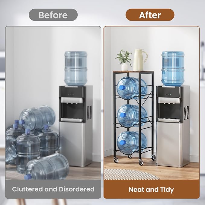 5 Gallon Water Jug Holder - 3-Tier Water Jug Rack with Wheel Reinforced X-Shape Design, 5 Gallon Water Jug Stand with Storage Shelves for Kitchen, Living Room, Office