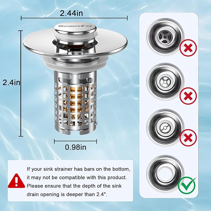 3-in-1 Bathroom Sink Drain Strainer, Stainless Steel Pop-up Strainer Basket Hair Catcher with Removable Basket, Brass Bullet Core, Universal Fit 1.1-2.36 Inch (Silver(New 1pcs))