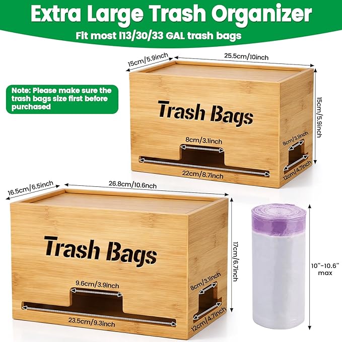Kathfly 2 Pcs Bamboo Trash Bag Holder Dispenser Stackable Garbage Bag Dispenser, Large and Small Size Trash Organizer for Farmhouse Kitchen Laundry Under Sink, Wall Mounted or Freestanding