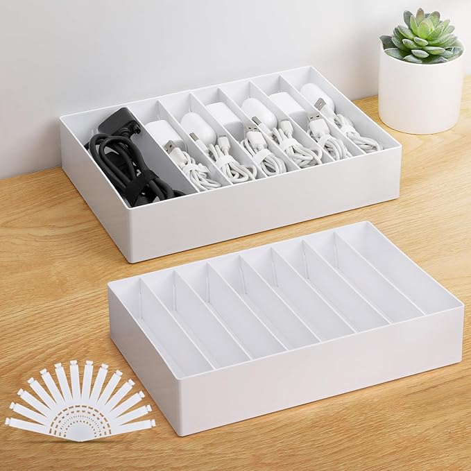 PAVSTINE 2 Pcs Large Cable Organizer Box with Wire Ties, Plastic Charger Organizer box with 8 Compartments, Stackable Cord Organizer Box for Office, Home, Desk Drawer Stationery Supplies Storage, White