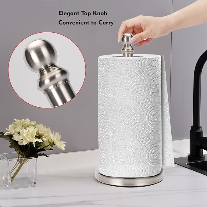 Fatizon Paper Towel Holder Stand, Sturdy Standing Paper Towel Holder Countertop, Paper Towel Roll Holder for Kitchen (Brushed Nickel)