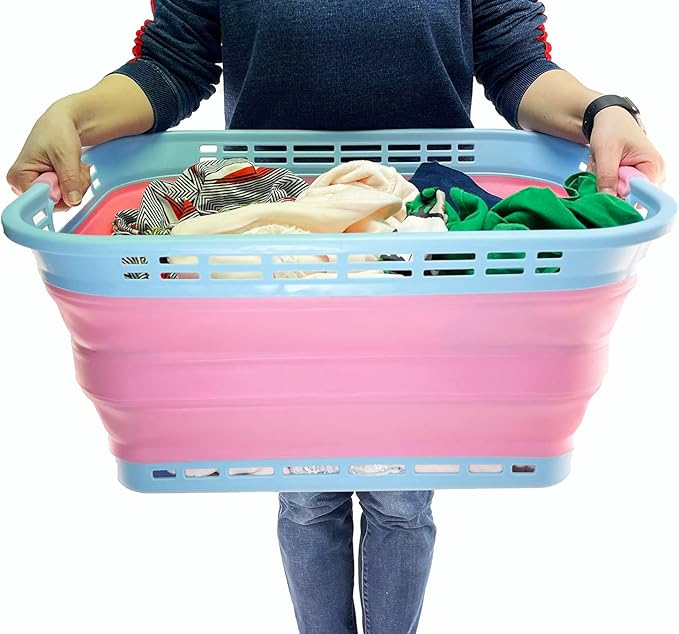 SAMMART 42L (11 Gallons) Collapsible Plastic Laundry Basket - Foldable Pop Up Storage Container/Organizer - Portable Washing Tub - Space Saving Hamper [BPA Free] (Cool Blue/Maglia Rosa (Set of 2))