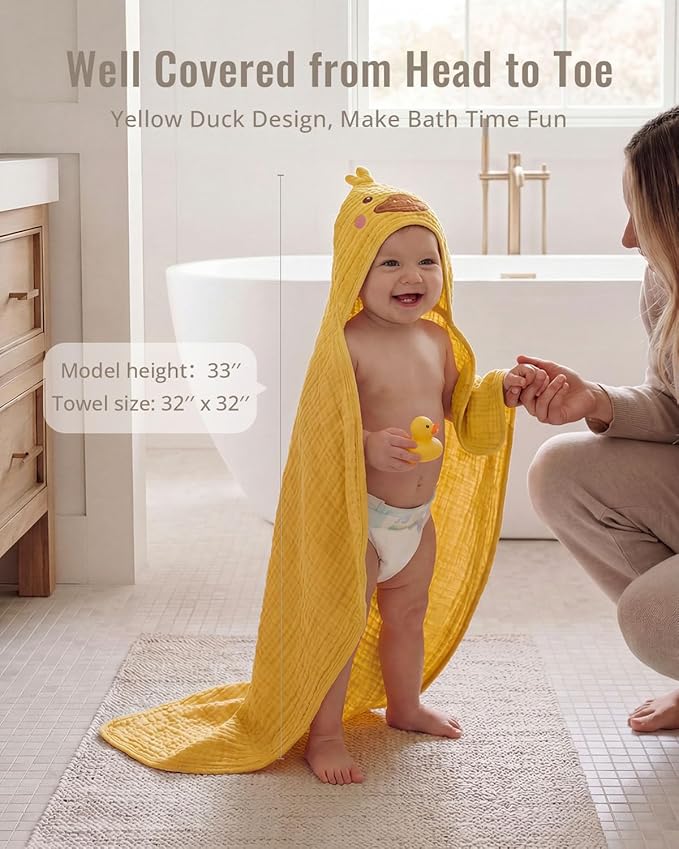 Blissful Diary Muslin Baby Hooded Towel 2 Pack, Soft & Absorbent Bath Towel for Infant, Toddler, Unisex, Baby Gift, Newborn Essentials, Smart Bear & Sunny Duck