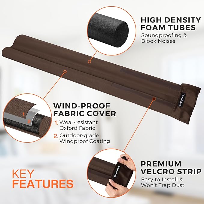 Comfyanno Under Door Draft Stopper - Bottom Door Gap Filler & Seal - Fits 24” to 30” Door, Blocks Cold Air, Noise, Sound, Wind, Bugs, Easy to Install, Double-Sided Block, No Adhesive, Brown