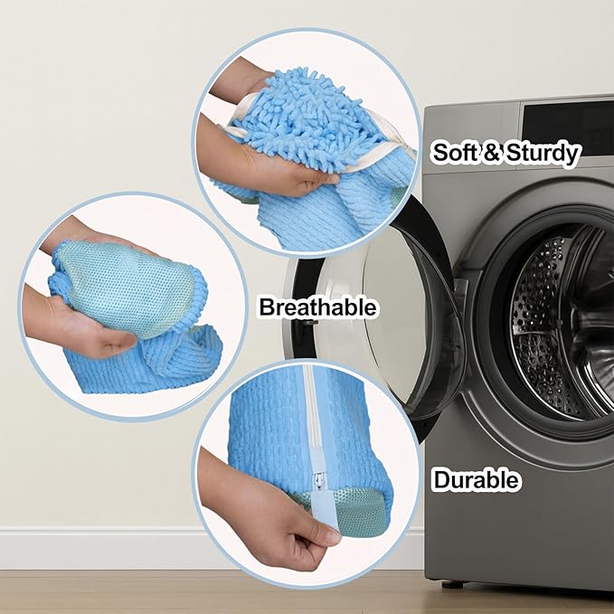 Shoe Washing Machine Bag, 4 Pcs Laundry Shoe Bags for Washer and Dryer with Chenille Liner, Large Reusable Mesh Bag for Sneakers, Gym, Tennis, Sports, Delicates, 2 Color Mix (Blue+Beige)