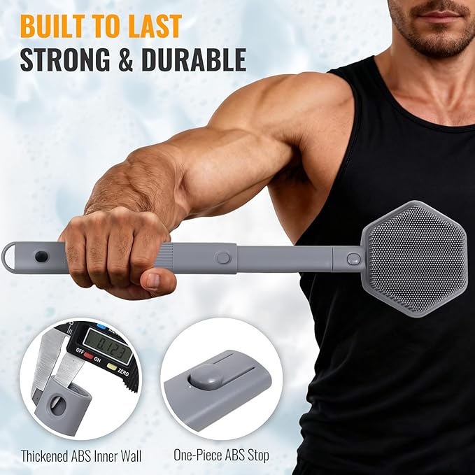 Silicone Back Scrubber for Shower – 21in Extendable Shower Brush with Long Handle – Dual-Sided Back Brush with Non-Slip Grip, Gentle Cleansing & Exfoliation for Men, Women, Elderly (Gray)