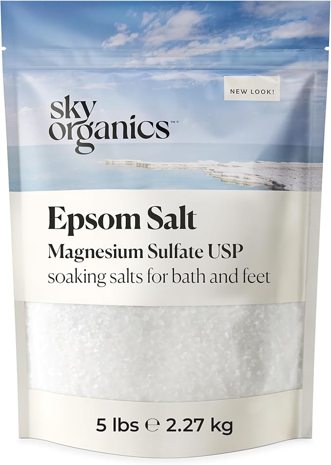 Sky Organics - Epsom Salt Bath Soak, 5 lbs - Magnesium Sulfate USP - 100% Pure, Medium Grain - Unscented - Soaking Bath Salts - Resealable Bag - Natural, Vegan & Cruelty Free - Self Care - Bath & Feet