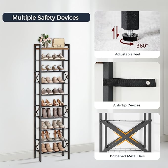 10-Tier Narrow Shoe Rack, Tall Shoe Rack for 10-20 Pairs, Slim Shoe Storage Organizer with Wooden Top, Space Saving, Metal Frame, for Entryway, Rustic Brown and Black SS68BR
