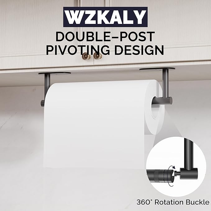 WZKALY Black Paper Towel Holder Under Cabinet, Self Adhesive or Wall Mounted SUS304 Stainless Steel Paper Towel Holder for Kitchen, Bathroom, Farmhouse, Barbecue and Laundry (Matte Black)
