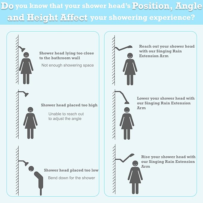 15 Inch Extra Long Adjustable Shower Head Extension Arm With Locking Set Screw, Singing Rain 304 Stainless Steel Angle Height Adjustable, G1/2 Universal Connector Compatible (Nickel Brushed)