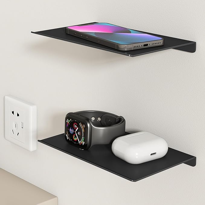 MKO 8" Small Floating Shelves for Wall, Metal Wall Mounted Shelf for Bathroom, Bedroom, Living Room, Kitchen, Little Mini Tiny Display Hanging Shelves for Books/Storage/Room Decor 2 Packs, Black