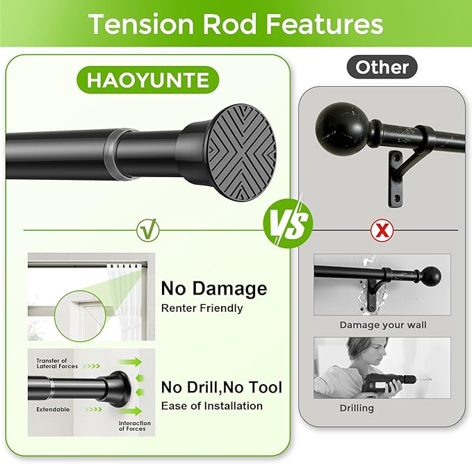 Tension Curtain Rod 32-64 Inch 7/8" Diameter Spring Loaded Curtain Rods No Drilling Adjustable Expandable Shower Curtain Rod for Bathroom Doorway Window Kitchen Closet, Black