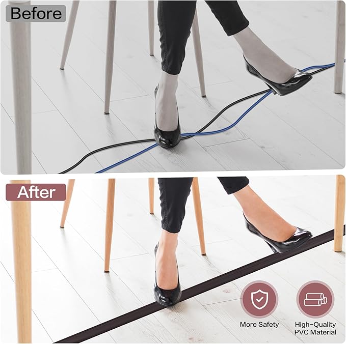 Floor Cord Cover Self Adhesive Cord Hider Floor Extension Cord Covers for Floor Power Cord Protector Cable Management Prevent Cable Trips Cable Cavity 0.59" W x 0.31" H (Dark Walnut, 3.3Ft)