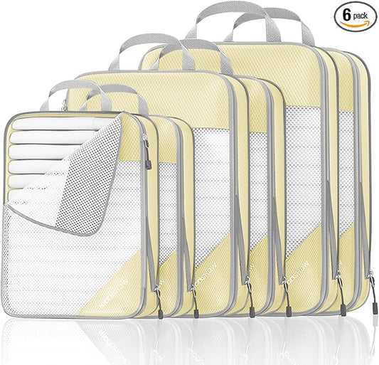 Compression Packing Cubes 6 Set, Compressible Space-Saving Packing Cubes for Travel - Compression Bags, Luggage Organizer, Travel Essentials for Women, Light Yellow