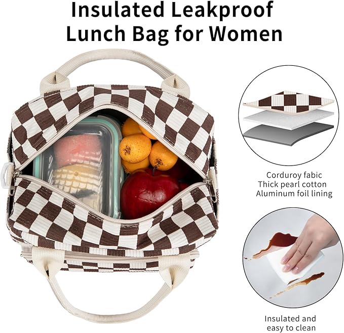 Lunch Bag Women Lunch Box for Women Adult Cute Insulated Lunch Bag Lager Cooler Lunch Tote Bags for Work Picnic (Coffee-White Plaid)