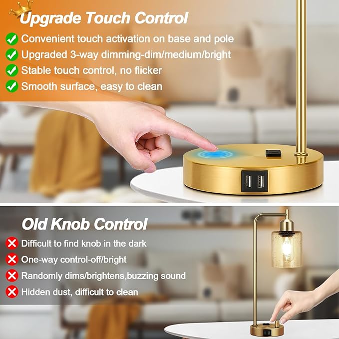 Set of 2 Industrial Touch Control Table Lamps with 2 USB Ports and AC Outlet - 3-Way Dimmable Gold Bedside Lamp Nightstand Desk Lamps for Bedroom Living Room, Amber Glass Shade & 2 LED Bulbs Included