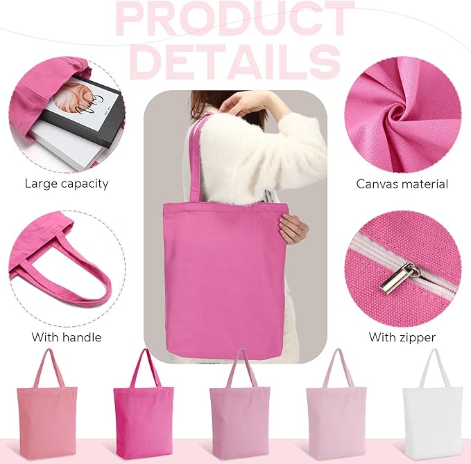 Reginary Reusable Canvas Grocery Shopping Tote Bag Bulk with Zipper & Handle Nurse Staff Coworker Employee Appreciation Gift(Pink,5 Pcs)