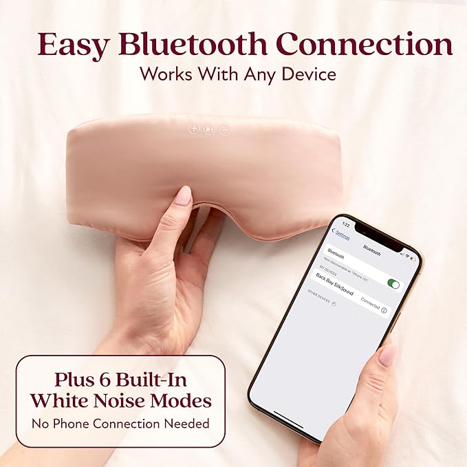 SilkSound 100% Mulberry Silk Bluetooth Sleep Mask for Side Sleepers, Sleeping Eyemask with Bluetooth Headphones, Eye Mask Headphones, Sleep Headphones for Side Sleepers, White Noise Head Phones