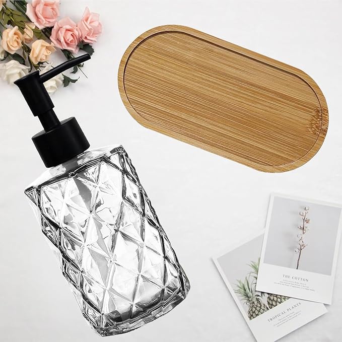 Glass Hand and Dish Soap Dispenser Set of 2 with Plastic Pumps, Bamboo Tray, 12oz Clear Bathroom Soap Dispenser with Diamond for Hand Wash & Dish Wash, Ideal for Bathroom Kitchen Countertop