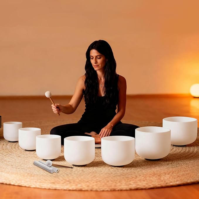 RYAN DVAN 432Hz 7-12 inch Crystal Singing Bowl Set of 7 with Free Carrying Case, Frosted Quartz Sound Bowls for Chakra Healing, Meditation,Yoga,Sound Therapy,Mindfulness,Relaxation & Stress Relief