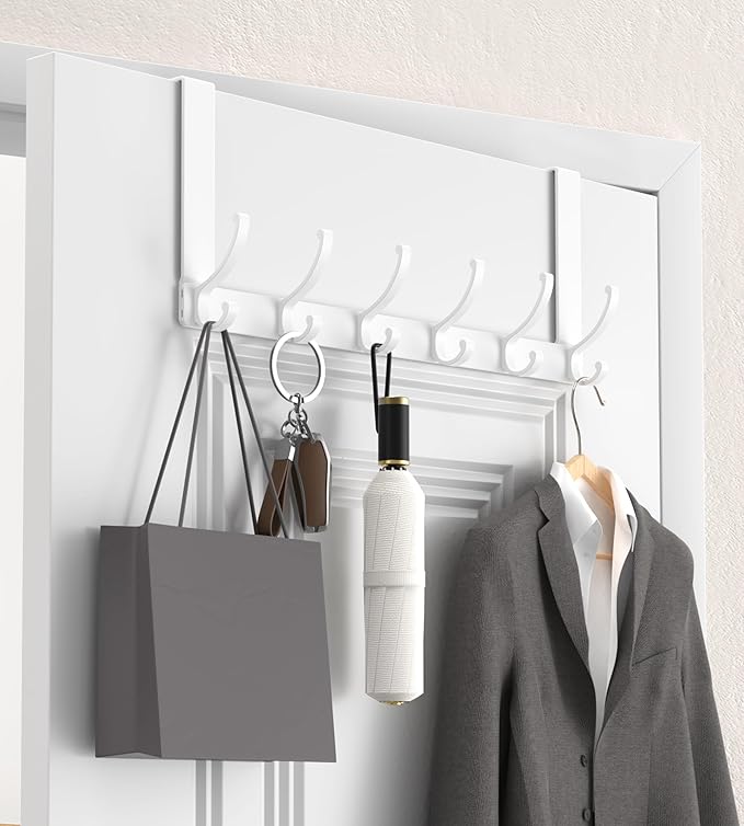 KitchLife Over The Door Hooks Hanger with 7 inches Extended Arms, Fits 1-3/4" Doors, F18U, Bathroom Towel Rack Organization, Thickened 6-Double Hook, Glossy White