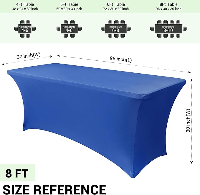 Obstal 8Ft Stretch Spandex Table Cover for Standard Folding Tables - 2 Pack Universal Rectangular Fitted Tablecloth for Party, Banquet, Events, Trade Show (Royal Blue, 96L x 30W x 30H Inches)