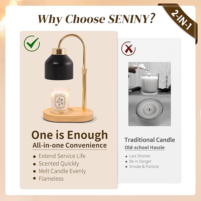 Seniny Electric Candle Warmer Lamp with Timer Dimmable, Adjustable Height Lamp Candle Warmer for Jar Candles, Home Decor Warming Light, Flameless Wax Melter Lamps, Christmas Birthday Gifts for Women
