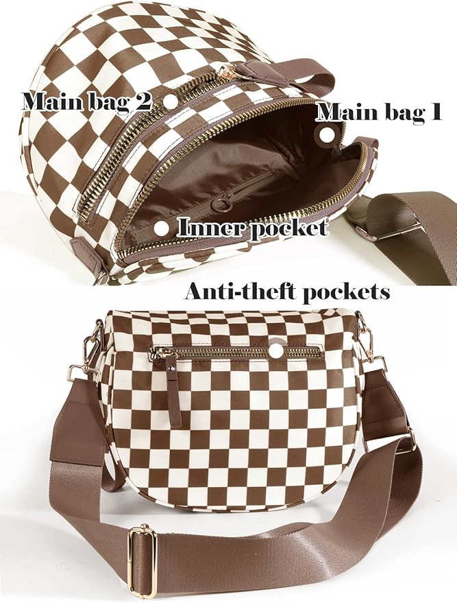 Black and White Checkered Crossbody Bag Bum Bag for Women, Spacious Checkered Purse Fanny Packs Belt Bag