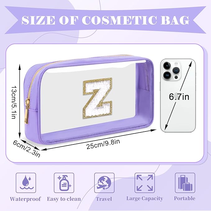 Personalized Initial Letter Clear Makeup Bag, Preppy Small Nylon & PVC Cosmetic Zipper Bag with Chenille Letter, Travel Skincare Toiletry Bag, Monogram Christmas Gift for Teen Girls Women