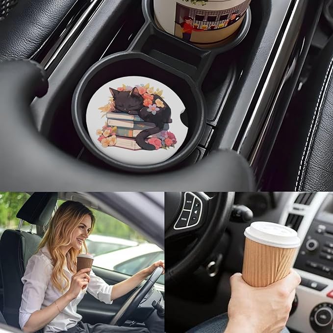Car Cup Holder Coasters, 2 Pcs Ceramic Coasters with Cork Back and Finger Slot, Anti-Slip Shock Absorbing Women and Men Universal Car Accessories - Cat Floral