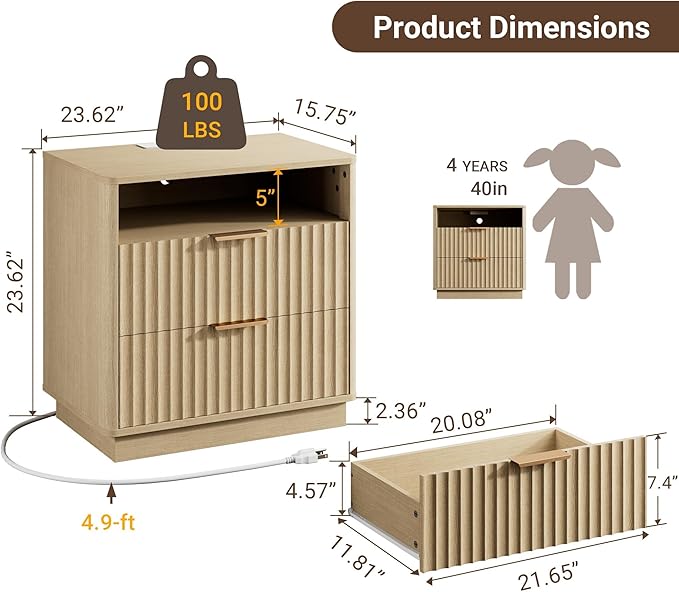 Large Fluted Nightstand Set of 2 with Charging Station, 23" Modern Farmhouse Night Stand, 2 Drawers End Table with Storage, Bedside Table for Bedroom Sofa Home Office, Natural Oak
