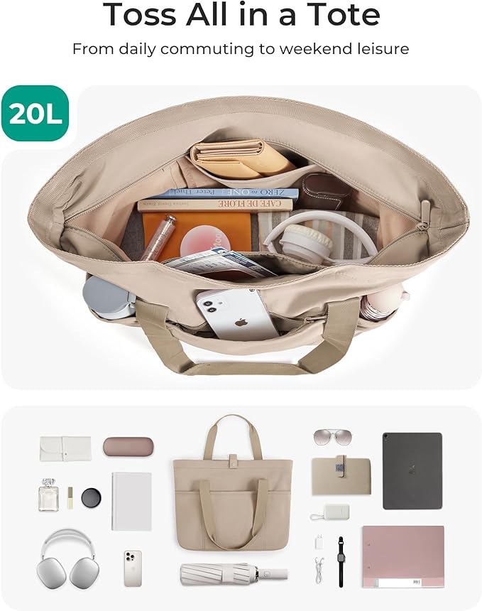 BAGSMART Tote Bag for Women, Foldable Tote Bag With Zipper Travel Large Shoulder Bag Handbag for Work-16.5''L x 6''W x 14''H
