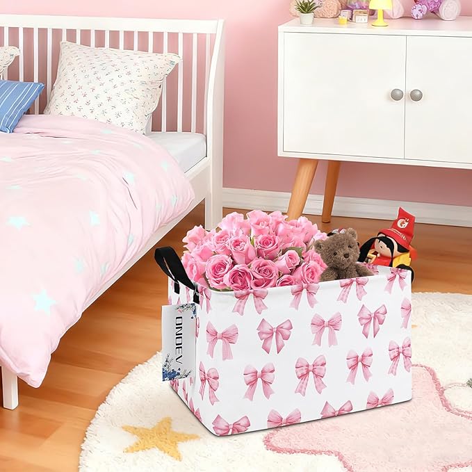 Rectangular Kids Laundry Basket Girls' Waterproof Storage Bins Pink Gift Basket Suitable For Home Decoration Office and Toy Storage(Pink Knot)