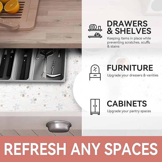 RAY STAR Shelf Liner, Non-Adhesive White Floral Cabinet Liner for Pantry Drawer, Strong Grip Non-Slip Waterproof, Shelf Liners for Kitchen Cabinet Organization 12 Inch x 10 FT (3 Rolls)