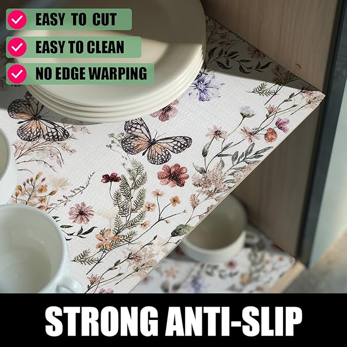 Floral Shelf Liners 16IN x 10FT Non Adhesive and Strong Non-Slip Shelf and Drawer Liners for Kitchen Cabinet Wire Fridge, Waterproof Shelf Drawer Liner,Easy to Clean