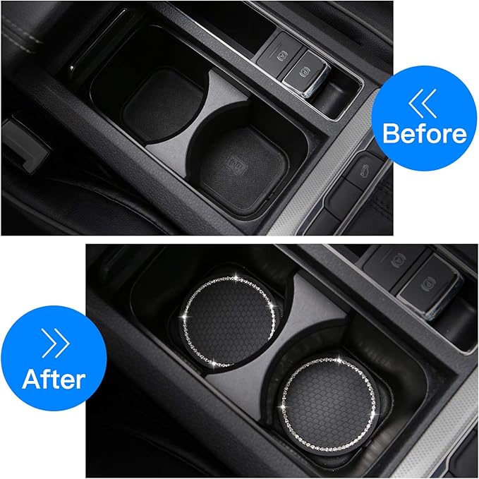 ACODABLEM 2 Pack Bling Car Cup Holder Insert Coasters, 2.75 Inch Soft Crystal Rhinestone Rubber Pad Set Round Auto Drink Coaster Car Interior Accessories (Black)