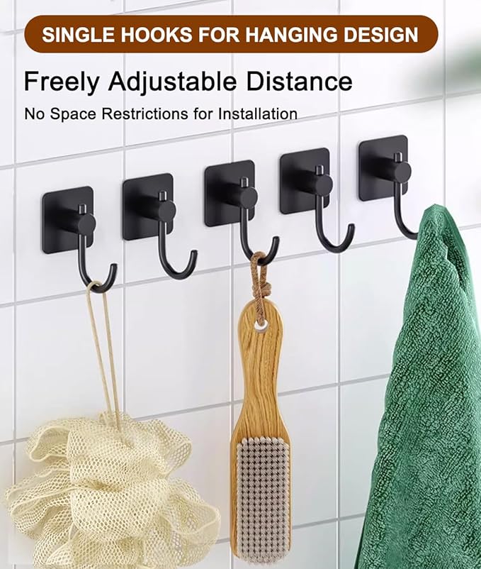 Sticky Hooks for Hanging, 6-Pack Adhesive Wall Hooks No Drilling Stainless Steel Towel Hook for Walls No Damage, Self Adhesive Hook for Bathroom Kitchen Office, Black
