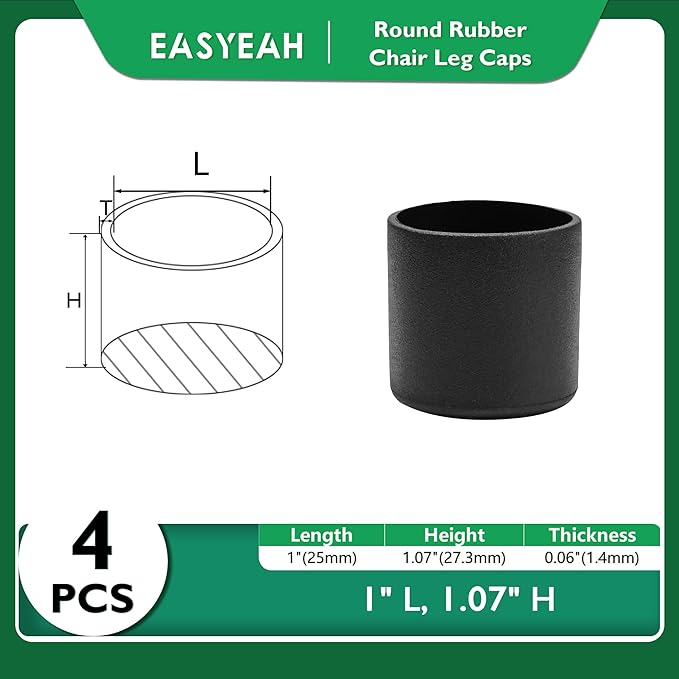 EASYEAH 1" (25mm) Round Chair Leg Floor Protectors, Black Rubber Chair Leg Caps, Non-Slip Patio Furniture Feet Caps, PVC Chair Feet Covers for Hardwood Floors, Tables & Patio Furniture, 4pcs