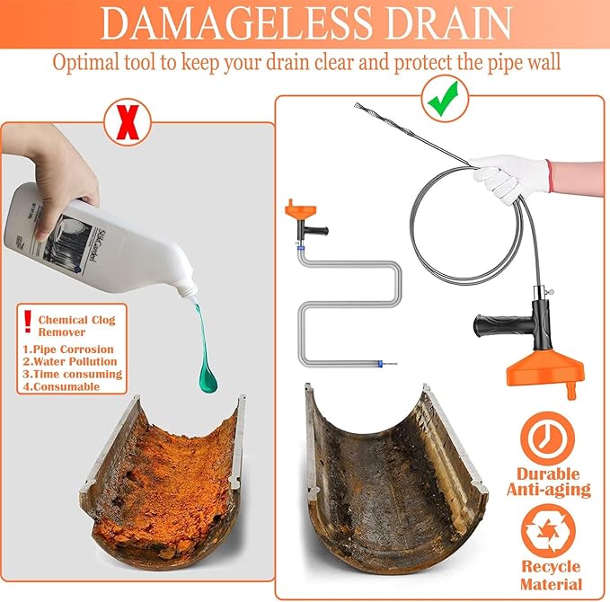 Drain Snake Auger Feet, Plumbing Snake Drain Hair Clog Removal Tool, Sink Unclogger Drain, Heavy Duty Drum Auger, Cleaner Tool for Bathroom Kitchen Tub Shower Drain Clog Remover with Gloves