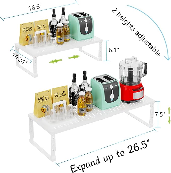 Jojocross Expandable Adjustable Stackable Kitchen Organizer, Spice Rack,Metal Pantry Storage Shelves Racks,Counter Shelf for Cabinets, Countertop, Cupboard (1 Pack/Large/White)