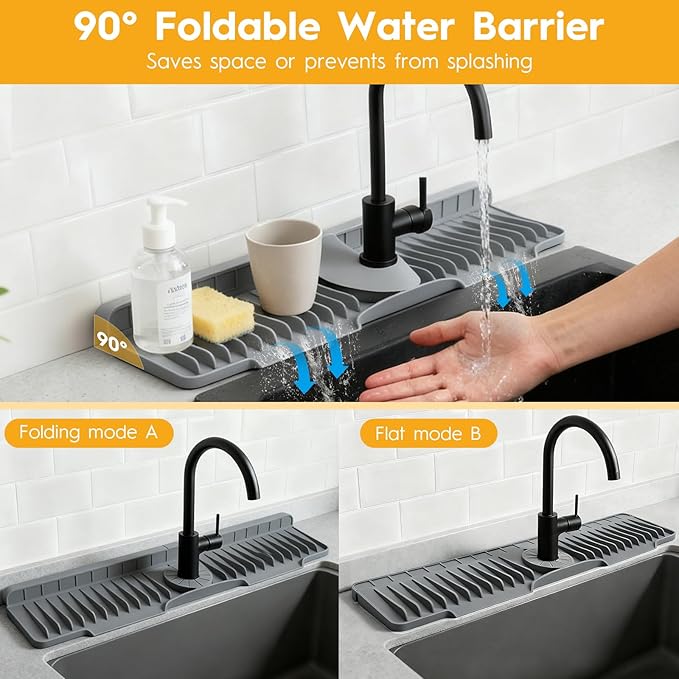 16" Silicone Faucet Mat for Kitchen Sink Released in 2025/12TH,8° Slope Fast Self-draining-Kitchen Sink Splash Guard,Bathroom Kitchen Sink Area Water Splash Guard Behind Faucet Draining Dark Grey